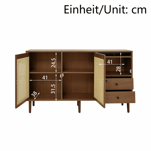 Aparador estilo rústico 130x75,5x40 cm - Portas em rattan, fecho magnético, prateleiras ajustáveis - Design elegante e versátil - Cor madeira