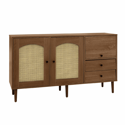 Aparador estilo rústico 130x75,5x40 cm - Portas em rattan, fecho magnético, prateleiras ajustáveis - Design elegante e versátil - Cor madeira