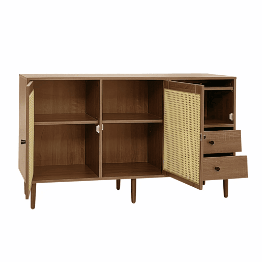 Aparador estilo rústico 130x75,5x40 cm - Portas em rattan, fecho magnético, prateleiras ajustáveis - Design elegante e versátil - Cor madeira