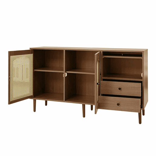 Aparador estilo rústico 130x75,5x40 cm - Portas em rattan, fecho magnético, prateleiras ajustáveis - Design elegante e versátil - Cor madeira