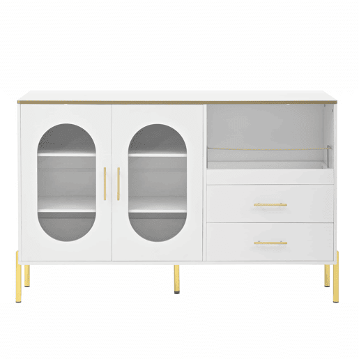 Aparador elegante com 2 gavetas e 2 portas de vidro - Cômoda moderna branca com detalhes dourados - Grande capacidade - para sala de estar, sala de jantar, corredor