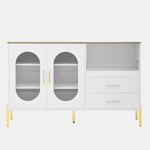 Aparador elegante com 2 gavetas e 2 portas de vidro - Cômoda moderna branca com detalhes dourados - Grande capacidade - para sala de estar, sala de jantar, corredor