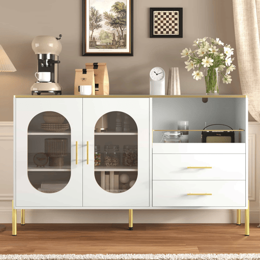 Aparador elegante com 2 gavetas e 2 portas de vidro - Cômoda moderna branca com detalhes dourados - Grande capacidade - para sala de estar, sala de jantar, corredor