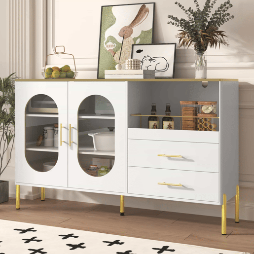 Aparador elegante com 2 gavetas e 2 portas de vidro - Cômoda moderna branca com detalhes dourados - Grande capacidade - para sala de estar, sala de jantar, corredor