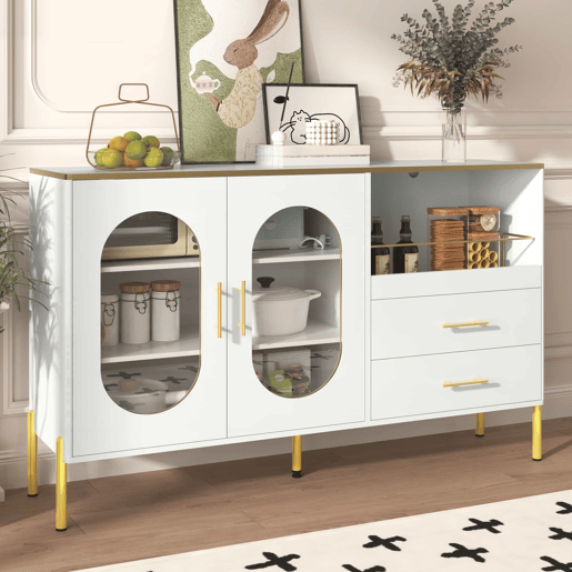 Aparador elegante com 2 gavetas e 2 portas de vidro - Cômoda moderna branca com detalhes dourados - Grande capacidade - para sala de estar, sala de jantar, corredor