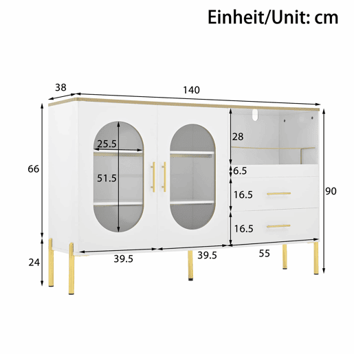 Aparador elegante com 2 gavetas e 2 portas de vidro - Cômoda moderna branca com detalhes dourados - Grande capacidade - para sala de estar, sala de jantar, corredor