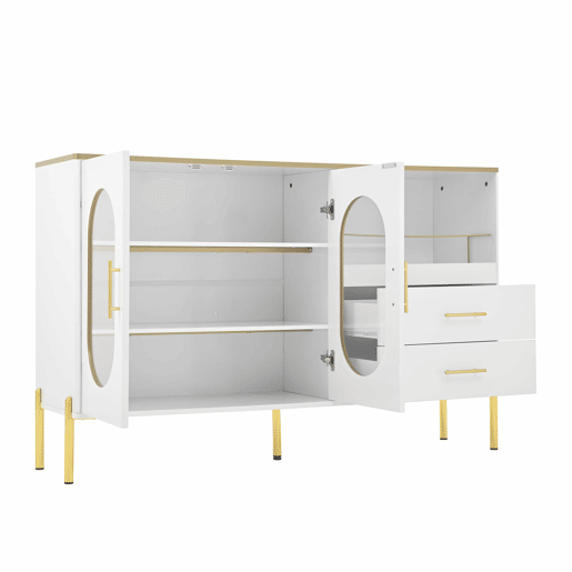 Aparador elegante com 2 gavetas e 2 portas de vidro - Cômoda moderna branca com detalhes dourados - Grande capacidade - para sala de estar, sala de jantar, corredor