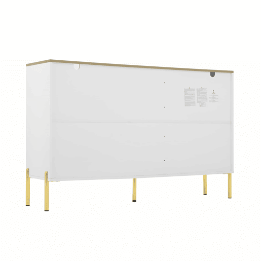 Aparador elegante com 2 gavetas e 2 portas de vidro - Cômoda moderna branca com detalhes dourados - Grande capacidade - para sala de estar, sala de jantar, corredor