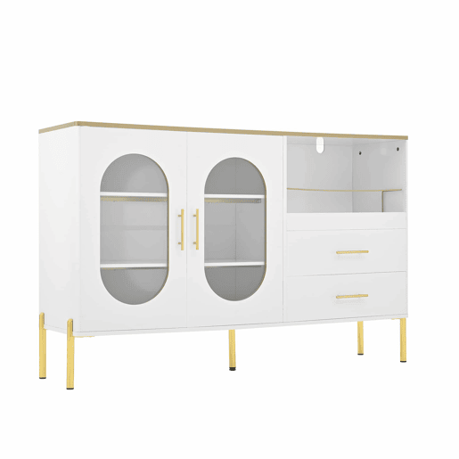 Aparador elegante com 2 gavetas e 2 portas de vidro - Cômoda moderna branca com detalhes dourados - Grande capacidade - para sala de estar, sala de jantar, corredor