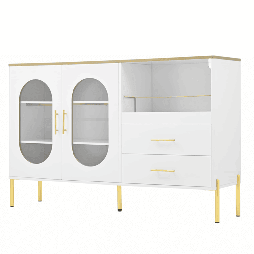 Aparador elegante com 2 gavetas e 2 portas de vidro - Cômoda moderna branca com detalhes dourados - Grande capacidade - para sala de estar, sala de jantar, corredor