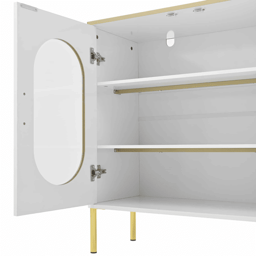 Aparador elegante com 2 gavetas e 2 portas de vidro - Cômoda moderna branca com detalhes dourados - Grande capacidade - para sala de estar, sala de jantar, corredor