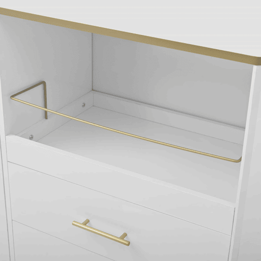 Aparador elegante com 2 gavetas e 2 portas de vidro - Cômoda moderna branca com detalhes dourados - Grande capacidade - para sala de estar, sala de jantar, corredor