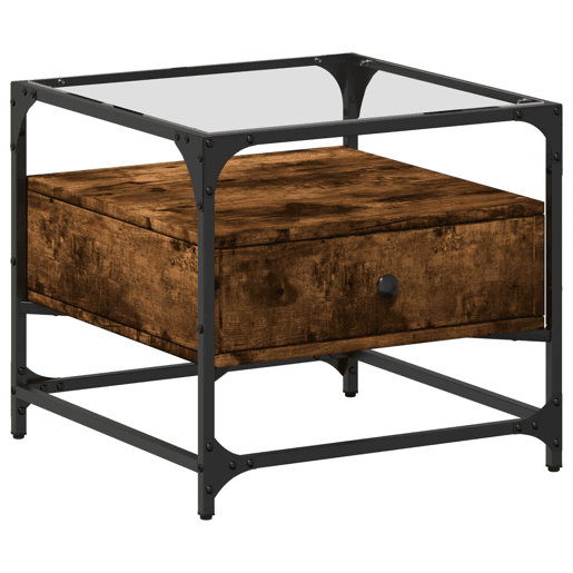 Mesa de Centro, Mesa baixa c topo de vidro 50x50x45 cm carvalho fumado aço