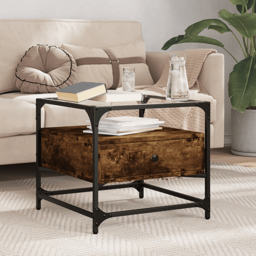 Mesa de Centro, Mesa baixa c topo de vidro 50x50x45 cm carvalho fumado aço