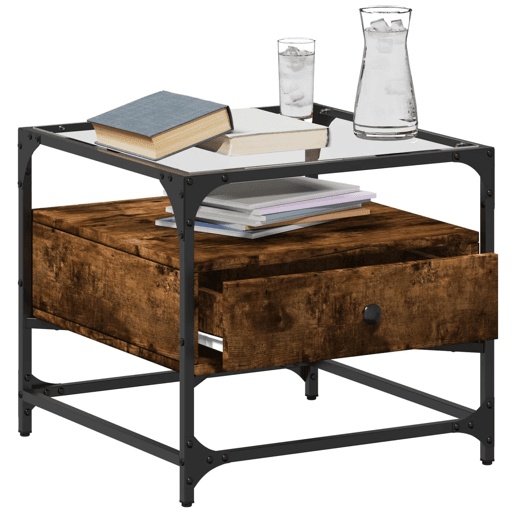 Mesa de Centro, Mesa baixa c topo de vidro 50x50x45 cm carvalho fumado aço