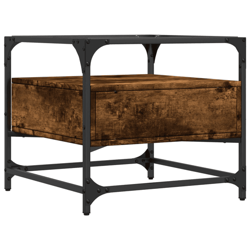 Mesa de Centro, Mesa baixa c topo de vidro 50x50x45 cm carvalho fumado aço