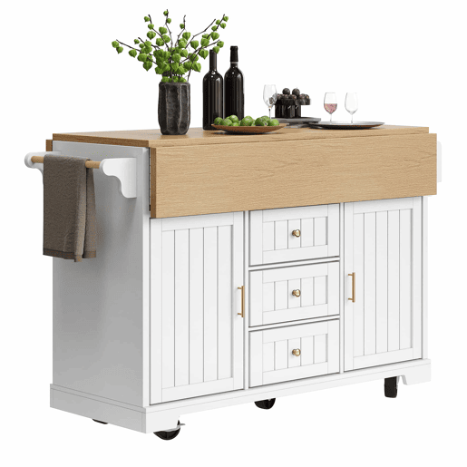 Ilha de cozinha 120x40x95 cm - Carrinho com rodas, extensível, com suporte para toalhas e prateleira para especiarias - Branco