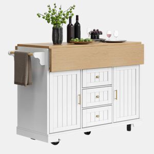Ilha de cozinha 120x40x95 cm - Carrinho com rodas, extensível, com suporte para toalhas e prateleira para especiarias - Branco