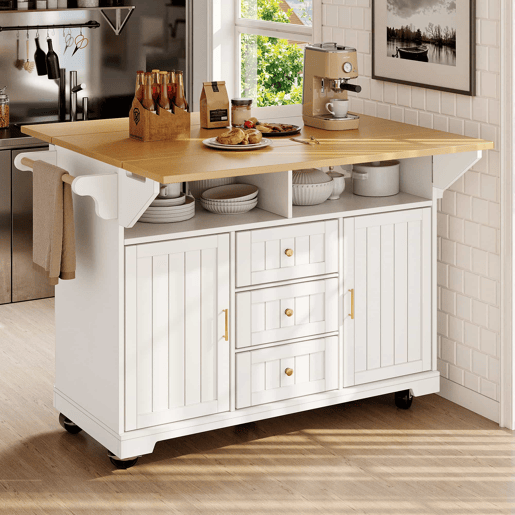 Ilha de cozinha 120x40x95 cm - Carrinho com rodas, extensível, com suporte para toalhas e prateleira para especiarias - Branco
