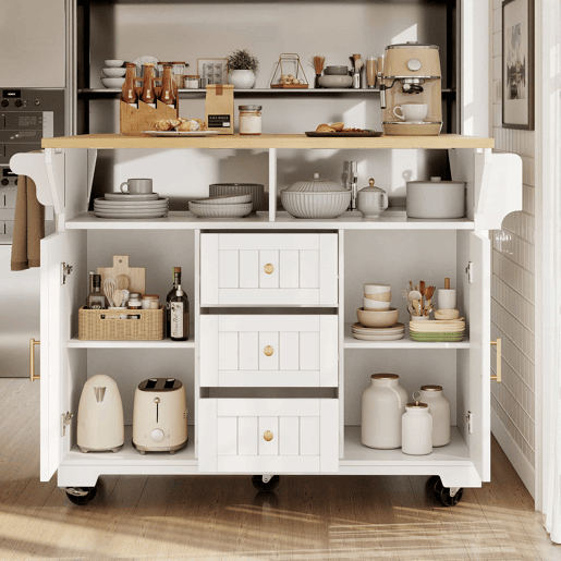 Ilha de cozinha 120x40x95 cm - Carrinho com rodas, extensível, com suporte para toalhas e prateleira para especiarias - Branco