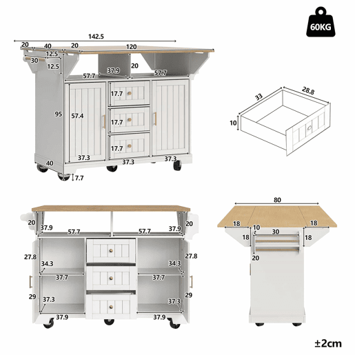 Ilha de cozinha 120x40x95 cm - Carrinho com rodas, extensível, com suporte para toalhas e prateleira para especiarias - Branco