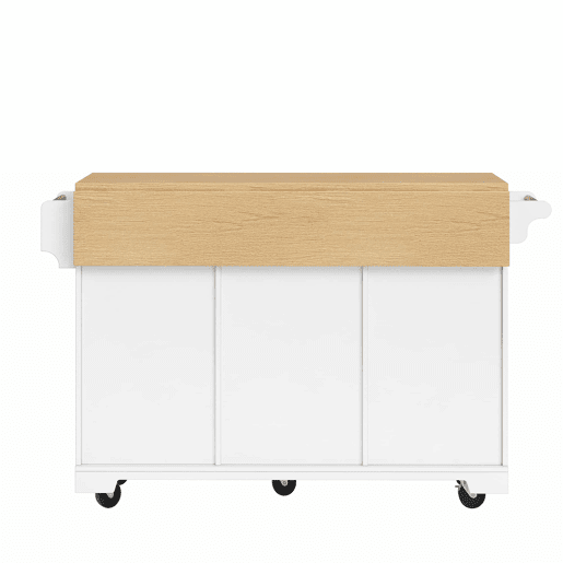 Ilha de cozinha 120x40x95 cm - Carrinho com rodas, extensível, com suporte para toalhas e prateleira para especiarias - Branco