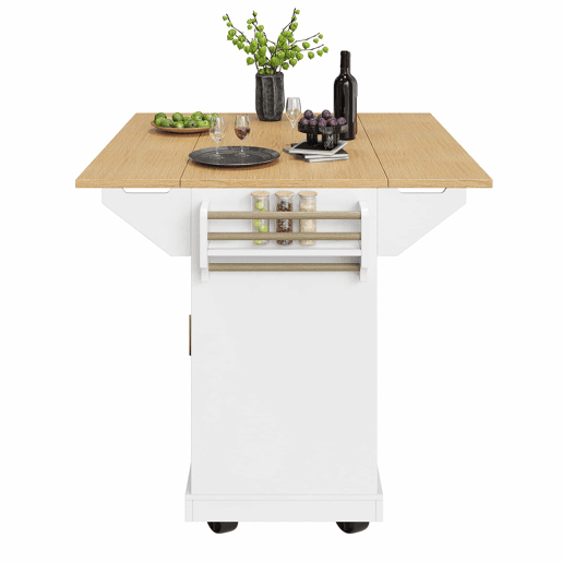 Ilha de cozinha 120x40x95 cm - Carrinho com rodas, extensível, com suporte para toalhas e prateleira para especiarias - Branco