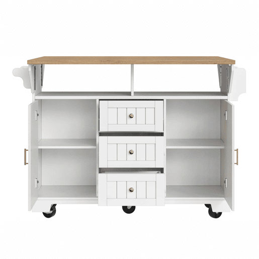 Ilha de cozinha 120x40x95 cm - Carrinho com rodas, extensível, com suporte para toalhas e prateleira para especiarias - Branco