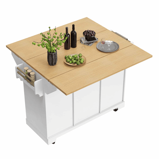 Ilha de cozinha 120x40x95 cm - Carrinho com rodas, extensível, com suporte para toalhas e prateleira para especiarias - Branco