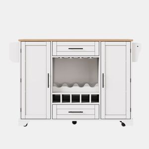 Carrinho de cozinha 120x4570x92 cm - com prateleira dobrável, vinoteca, suporte para copos, prateleira para especiarias e toalheiro - Branco+Natural