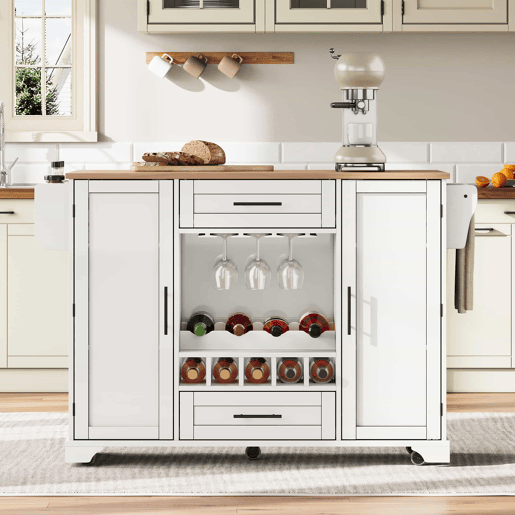 Carrinho de cozinha 120x4570x92 cm - com prateleira dobrável, vinoteca, suporte para copos, prateleira para especiarias e toalheiro - Branco+Natural