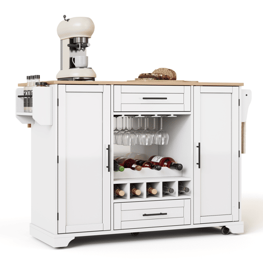 Carrinho de cozinha 120x4570x92 cm - com prateleira dobrável, vinoteca, suporte para copos, prateleira para especiarias e toalheiro - Branco+Natural