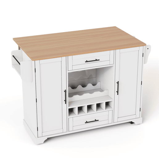 Carrinho de cozinha 120x4570x92 cm - com prateleira dobrável, vinoteca, suporte para copos, prateleira para especiarias e toalheiro - Branco+Natural