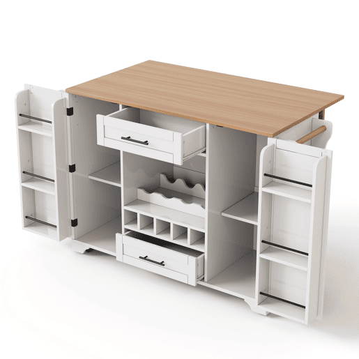 Carrinho de cozinha 120x4570x92 cm - com prateleira dobrável, vinoteca, suporte para copos, prateleira para especiarias e toalheiro - Branco+Natural