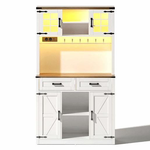Barschrank com iluminação LED e tomadas - Grande armário de cozinha com 2 gavetas grandes, design de porta de celeiro, prateleiras ajustáveis - Branco