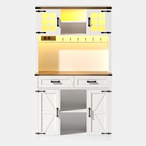 Barschrank com iluminação LED e tomadas - Grande armário de cozinha com 2 gavetas grandes, design de porta de celeiro, prateleiras ajustáveis - Branco