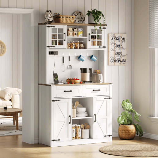 Barschrank com iluminação LED e tomadas - Grande armário de cozinha com 2 gavetas grandes, design de porta de celeiro, prateleiras ajustáveis - Branco