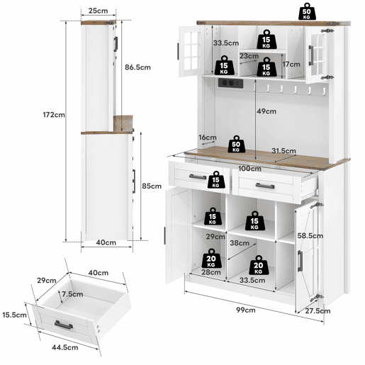 Barschrank com iluminação LED e tomadas - Grande armário de cozinha com 2 gavetas grandes, design de porta de celeiro, prateleiras ajustáveis - Branco