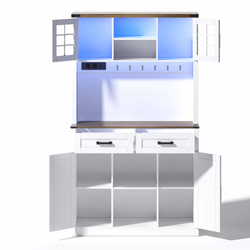 Barschrank com iluminação LED e tomadas - Grande armário de cozinha com 2 gavetas grandes, design de porta de celeiro, prateleiras ajustáveis - Branco