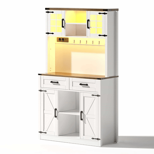 Barschrank com iluminação LED e tomadas - Grande armário de cozinha com 2 gavetas grandes, design de porta de celeiro, prateleiras ajustáveis - Branco