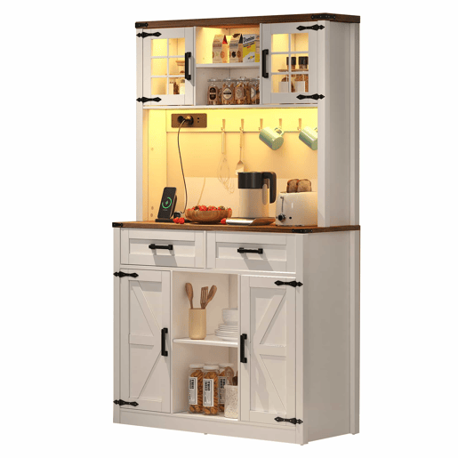Barschrank com iluminação LED e tomadas - Grande armário de cozinha com 2 gavetas grandes, design de porta de celeiro, prateleiras ajustáveis - Branco