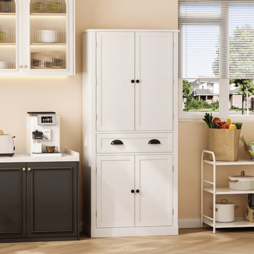 Armário de arrumação 182 cm - 4 portas, 1 gaveta, 2 portas com prateleiras, 6 compartimentos, 4 prateleiras ajustáveis - Branco