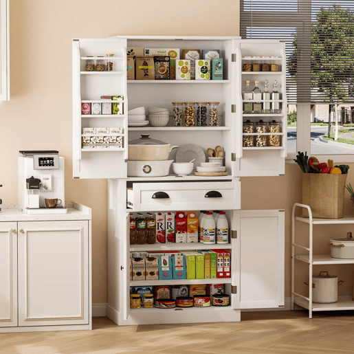 Armário de arrumação 182 cm - 4 portas, 1 gaveta, 2 portas com prateleiras, 6 compartimentos, 4 prateleiras ajustáveis - Branco