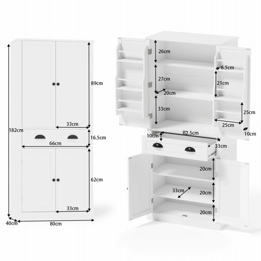 Armário de arrumação 182 cm - 4 portas, 1 gaveta, 2 portas com prateleiras, 6 compartimentos, 4 prateleiras ajustáveis - Branco