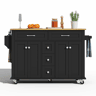 Carrinho de cozinha multifuncional 120×65 cm - com 5 gavetas, prateleiras, suporte para especiarias e toalhas, com rodas - Preto+Natural