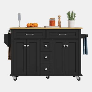 Carrinho de cozinha multifuncional 120×65 cm - com 5 gavetas, prateleiras, suporte para especiarias e toalhas, com rodas - Preto+Natural