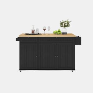 Ilha de cozinha 137x89,5x45 cm - Com 6 rodas fixas, prateleira, 2 gavetas, prateleira na porta - Natural+Preto