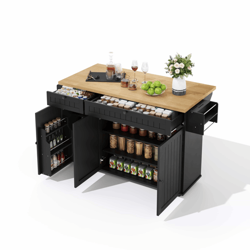 Ilha de cozinha 137x89,5x45 cm - Com 6 rodas fixas, prateleira, 2 gavetas, prateleira na porta - Natural+Preto