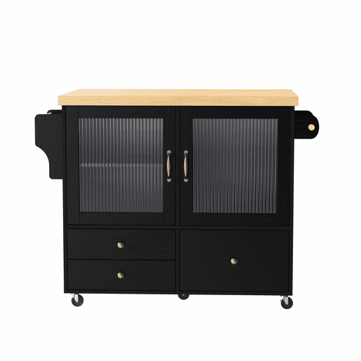 Ilha de cozinha móvel - com rodas, mesa extensível, porta-copos e armazenamento - Preto e Natural