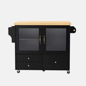 Ilha de cozinha móvel - com rodas, mesa extensível, porta-copos e armazenamento - Preto e Natural
